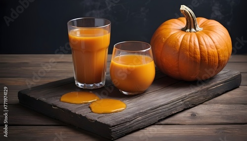 Pumpkin with juice on a wooden table, Halloween concept