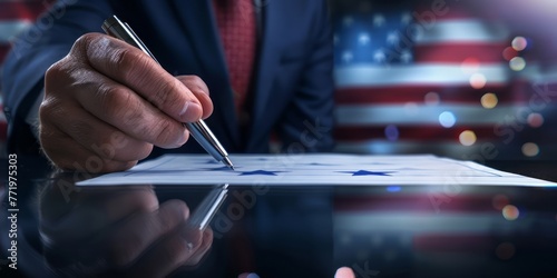 A United States official signed an official document with a ballpoint pen and a fold of the national flag, the Stars and Stripes.