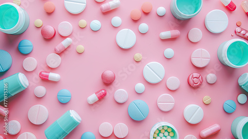 Pills and medicines on flat background with bright colors.