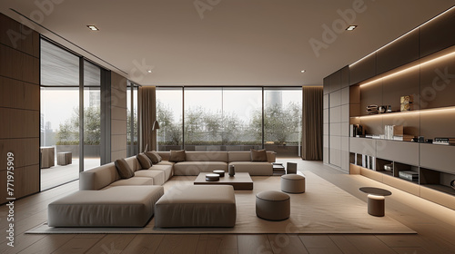 Interior of a living room with modern decoration, with large sofas, beige colors, natural light. © MiguelAngel