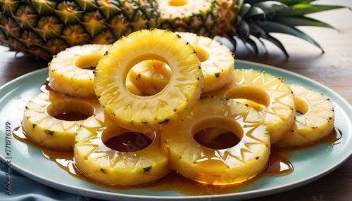 Pineapple rings canned in syrup in the plate