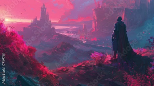 Knight in armor surveying a fantasy world landscape, symbolizing strength and valor.