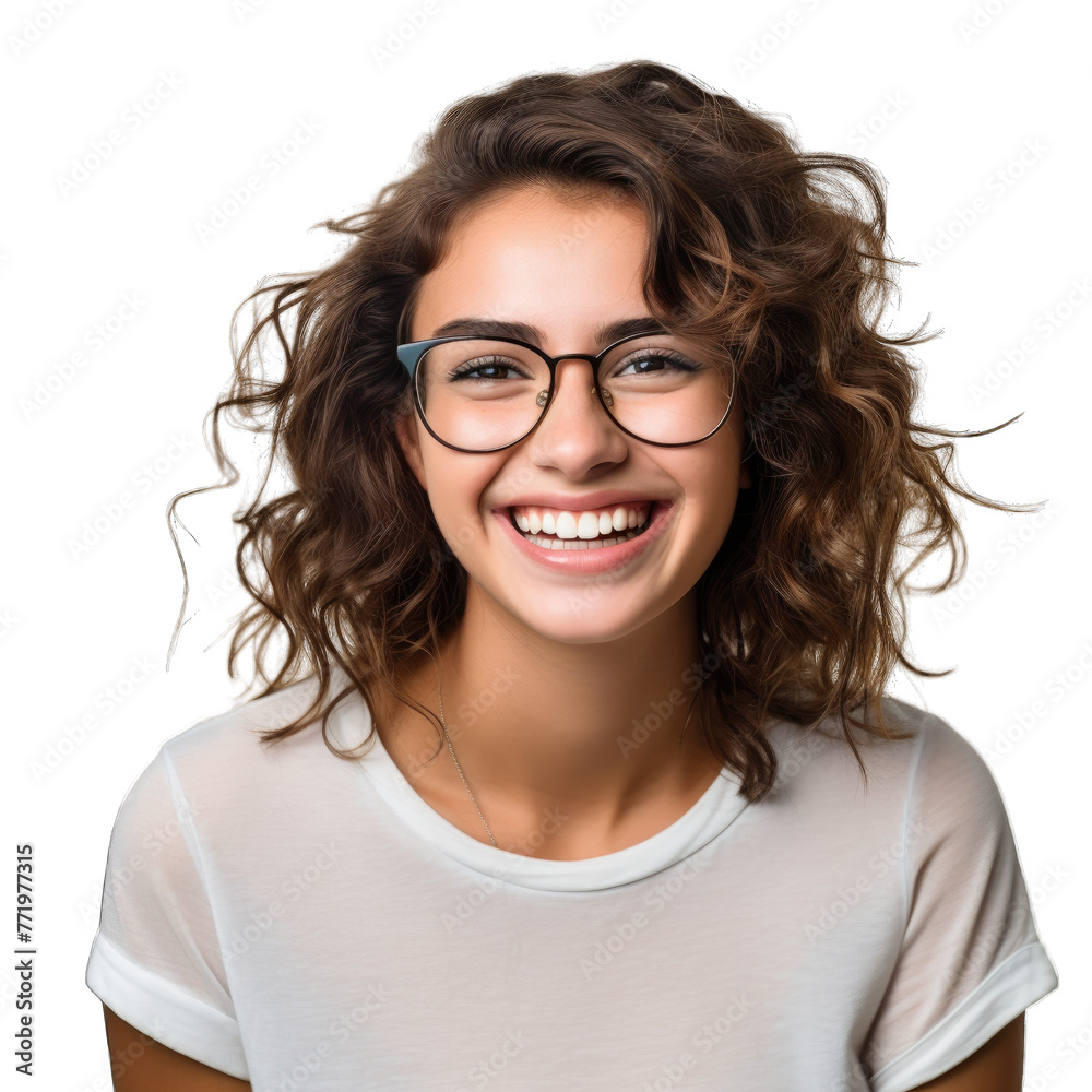 Cute American female student wearing glasses is smiling happily
