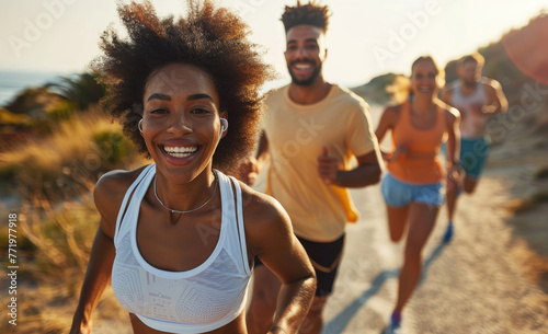 A smiling group of friends are running and training outdoors