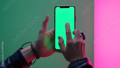 Human hand using mobile smartphone with mockup green screen