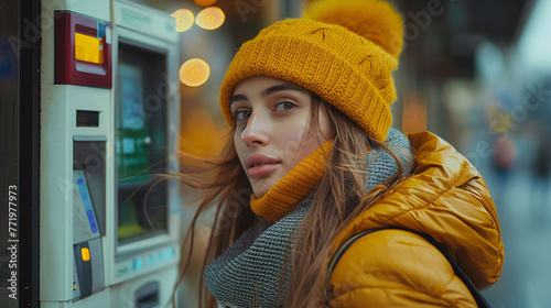 A contemplative young woman stands by an ATM, dressed in vibrant yellow winter clothing, against an urban bokeh background..