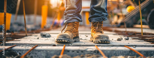 A man in work boots stands on a concrete slab