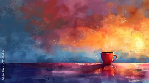 Aromatic Coffee Breaks the Stillness of the Dawn A Colorful Landscape Painting of the First Light and First Sip