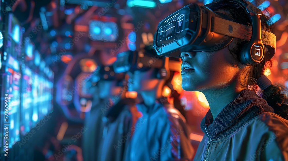 Young Black Women in Virtual Reality World Wearing VR Headsets and