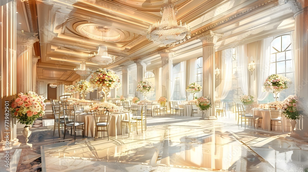 Exquisite Opulent Interior of a Luxurious Ballroom for Lavish Wedding Reception with Grandiose Chandelier and Floral Decor - obrazy, fototapety, plakaty 