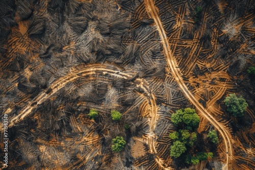 A drones eye view captures a forest with a winding dirt road cutting through the dense greenery below