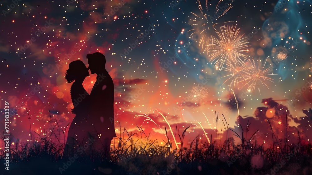Silhouetted Couple Against Magnificent Fireworks Display in Breathtaking Starry Night Sky