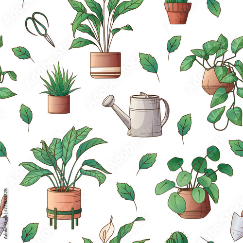 Vector seamless pattern with illustration of houseplants isolated on white. Aglaonema, pothos, peace lily, haworthia plants. Flower shop, home garden concept.