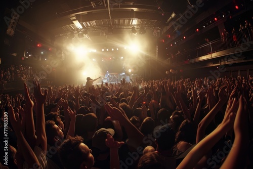 A wide-angle shot of a lively concert crowd with their hands raised in excitement, cheering and dancing to the music