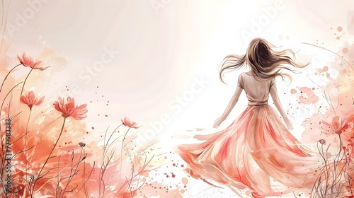 Young Woman Twirling in a Flowing Floral Dress Amid a Meadow of Vibrant Flowers Celebrating Innocence and Joy