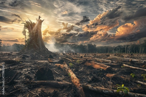 A large tree stump stands in the center of a forest, showcasing the impact of deforestation and clear-cutting activities photo