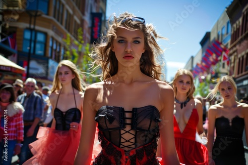 A group of women walking side by side along a street, showcasing fashion and style