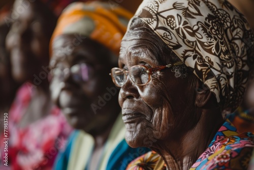 Several elderly women sitting in a row, engaged in conversation or meeting, captured in a close-up frontal shot