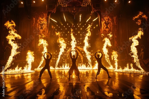 A dynamic performance on stage with a group of individuals showcasing a mesmerizing fire dance routine