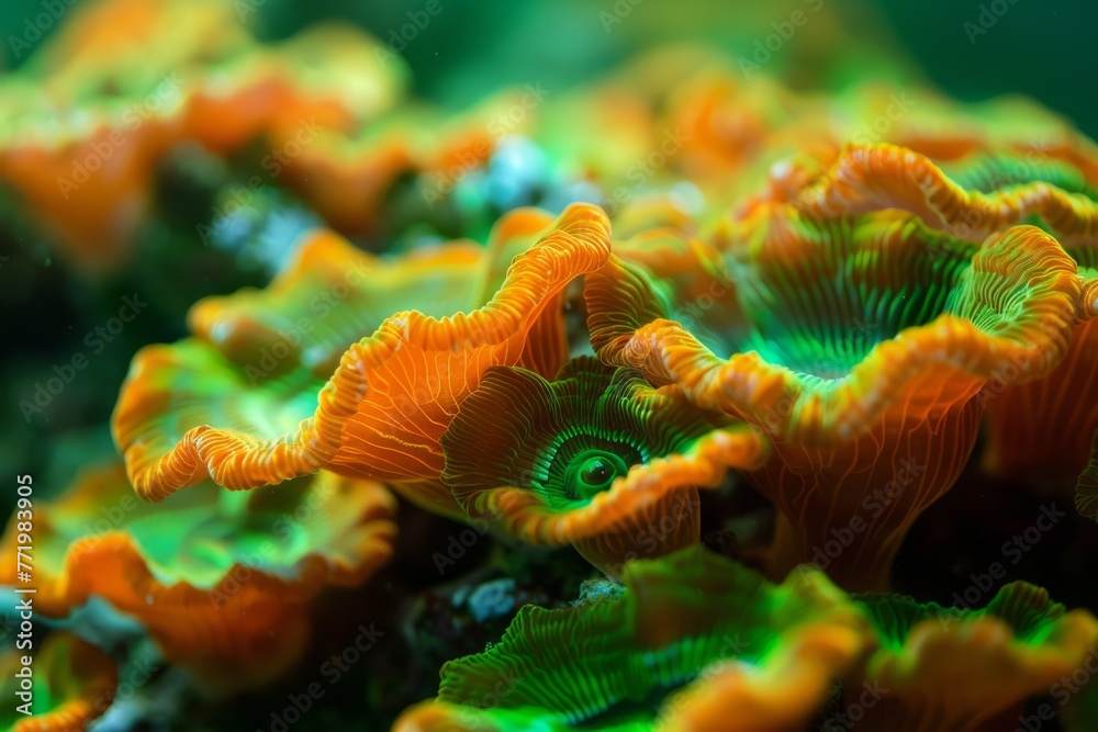 A close-up of a coral reef ecosystem. The coral is colorful and textured.