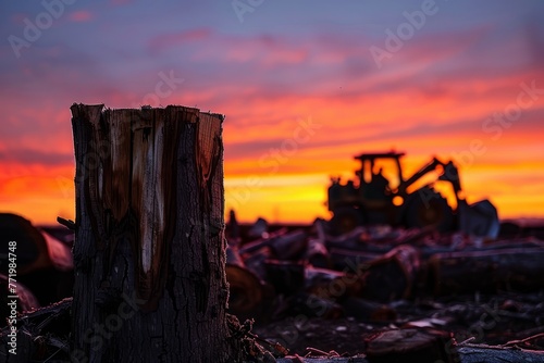 A tractor is plowing a field as the sun sets in the background  creating a silhouette effect