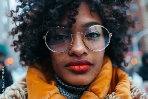 Detailed view of an individual wearing stylish glasses in an urban setting © Ilia Nesolenyi