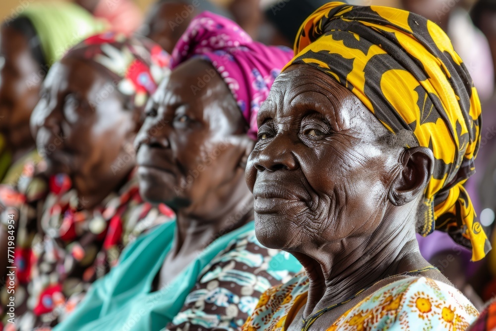 Elderly women participating in a community development meeting sit closely next to each other