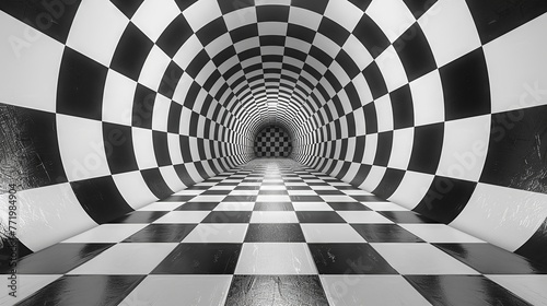Endless black and white checkered tunnel draws one into the void
