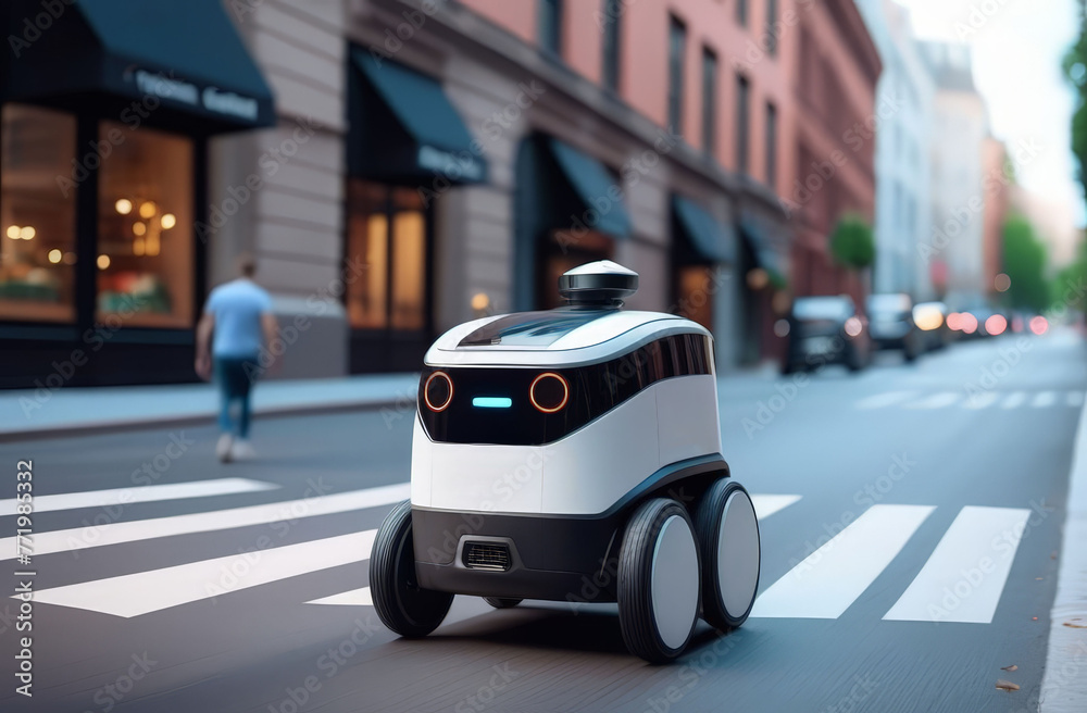 Food delivery robot rides through city streets on the road, future technology concept