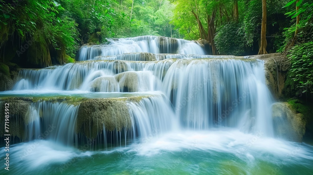 A tranquil waterfall cascading over the lush greenery of the forest.Generative AI illustration