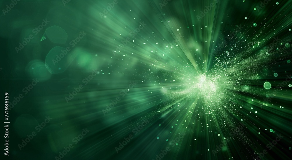 Asymmetric green light burst, abstract beautiful rays of lights on dark