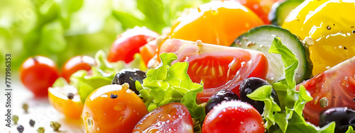 A salad with a variety of vegetables including tomatoes, cucumbers, and lettuce