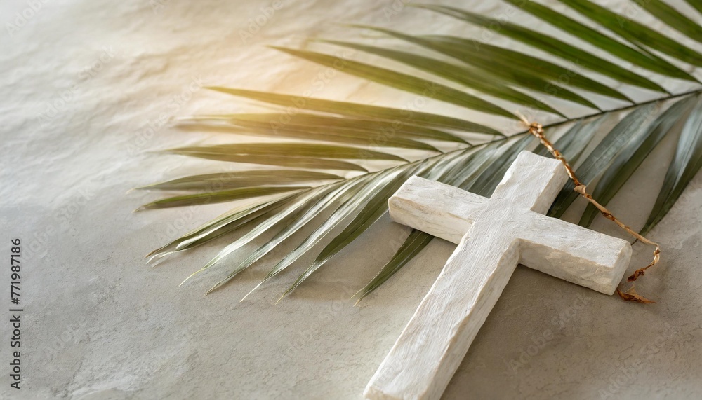 lent season holy week and good friday concept palm leave and cross on stone background - obrazy, fototapety, plakaty 