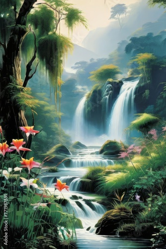 a jungle waterfall surrounded by lush vegetation - AI Generative