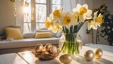 yellow daffodils in a glass vase easter eggs in home interior