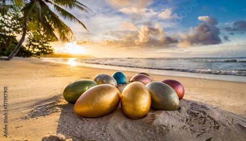 colorful easter eggs on tropical beach