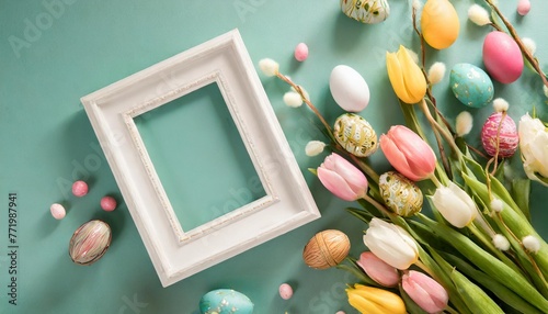 easter celebration concept top view photo of white photo frame colorful easter eggs and bunches of tulips on isolated teal background with blank space #771987941