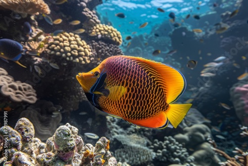 A colorful fish swimming in a coral reef. The coral is brightly colored and there are other fish visible in the background. © STOCKAI