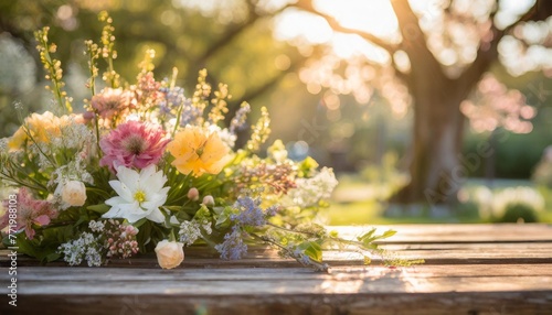 natural and vibrant spring flower arrangement beautiful flowers on a wooden table in a serene garden setting evoke feelings of joy renewal and the beauty of nature