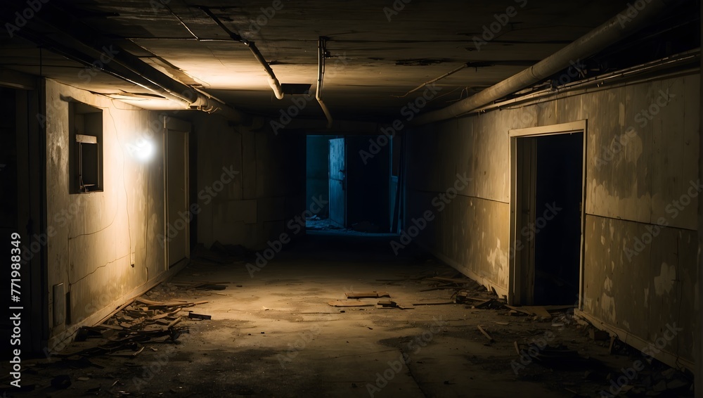 A dilapidated basement with shadows casting unsettling shapes, and a faint, unidentifiable whisper Generative AI