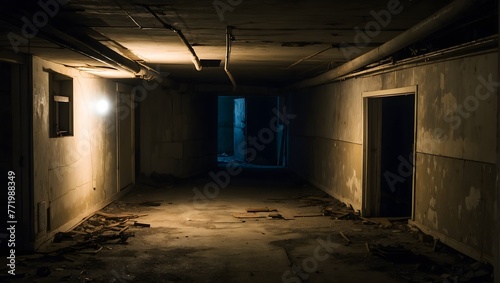 A dilapidated basement with shadows casting unsettling shapes, and a faint, unidentifiable whisper Generative AI © Haroon