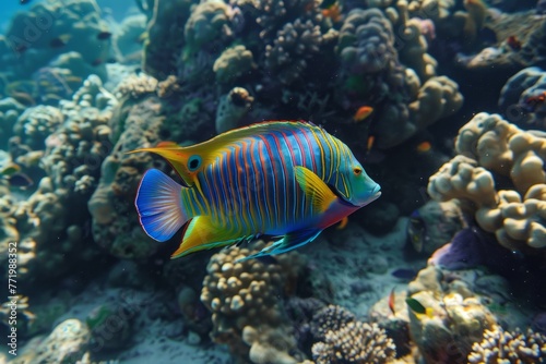 A colorful fish swimming in a coral reef. The coral is brightly colored and there are other fish visible in the background. © Zero Zero One