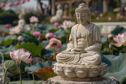 Big stone Buddha statue with lotus flowers outdoors. ai generated