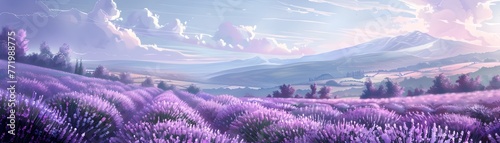 Lavender Haze Stretching to the Horizon in a Captivating Pastoral Landscape at Dusk