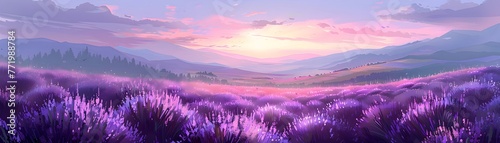 Mesmerizing Lavender Fields at Sunset Stretching to the Horizon in a Dreamlike Haze of Purple and Vibrant Hues