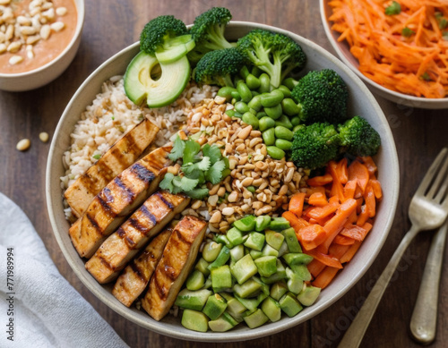 wholesome buddha bowl featuring a base of brown rice, topped with grilled tofu, steamed broccoli, shredded carrots, edamame beans, sliced cucumber, and a drizzle of spicy peanut sauce, sprinkled with 
