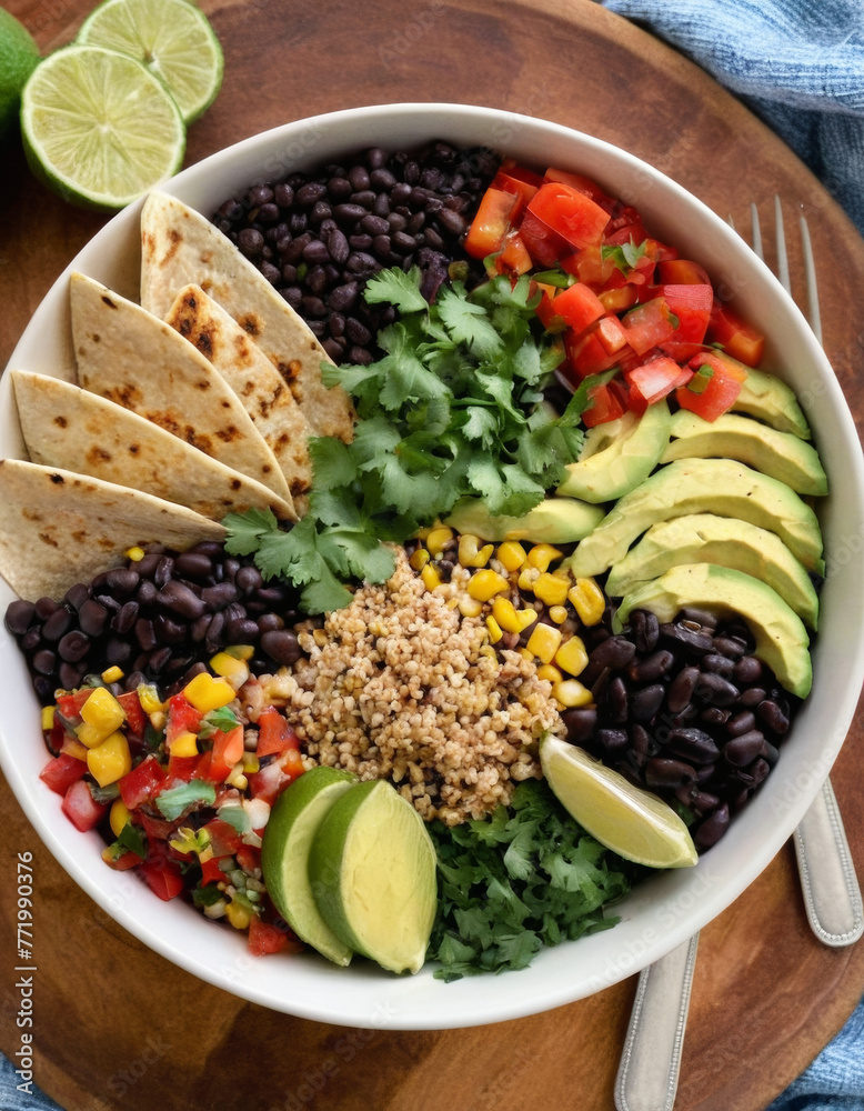 nourishing buddha bowl with a base of mixed greens, quinoa, black beans, roasted corn, diced bell peppers, sliced avocado, and a tangy lime-cilantro dressing, garnished with crispy tortilla strips nourishing buddha bowl with a base of mixed greens, quinoa, black beans, roasted corn, diced bell peppers, sliced avocado, and a tangy lime-cilantro dressing, garnished with crispy tortilla strips
