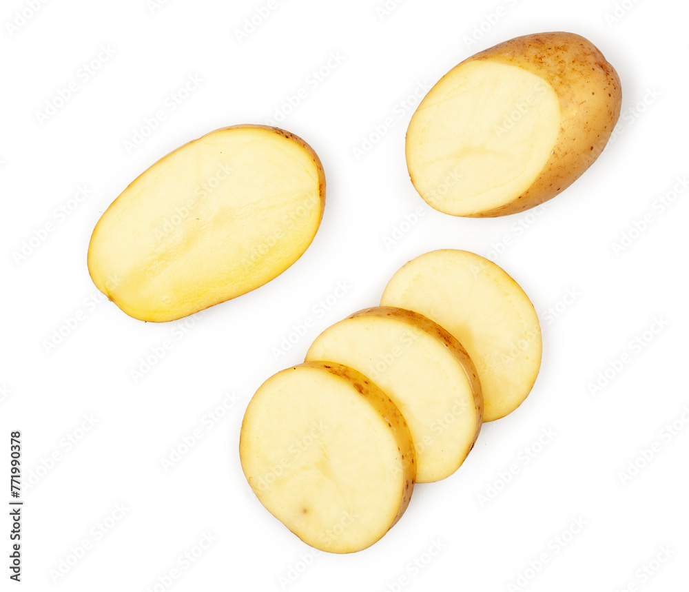 Potato slices isolated on a white background, top view