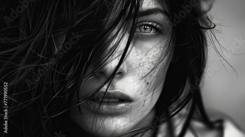 beautiful girl face with dark black hair in black and white effect