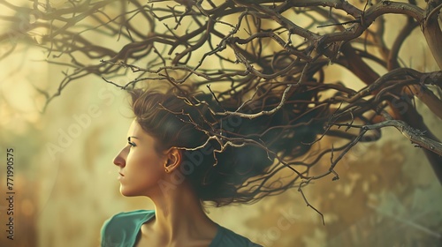 Calm stance of the woman whose hair grows longer and branches like a tree photo